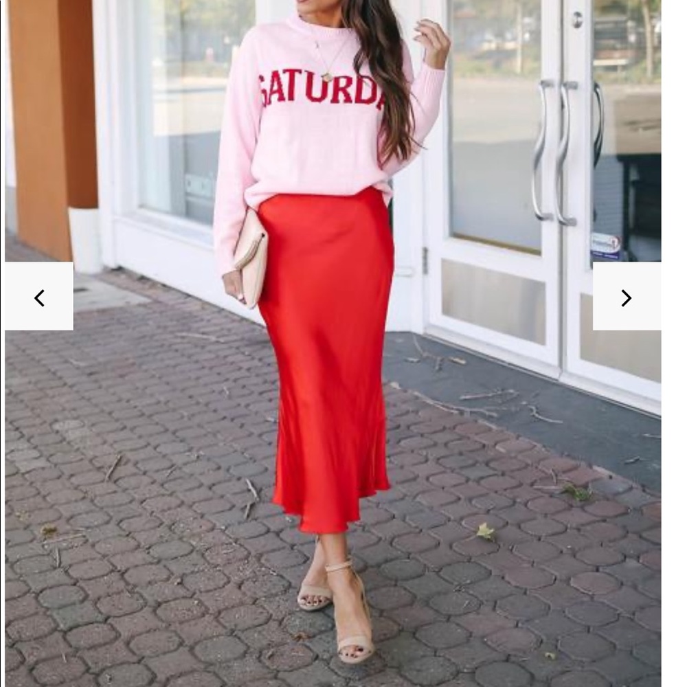 RED LIPS SATIN MIDI SKIRT